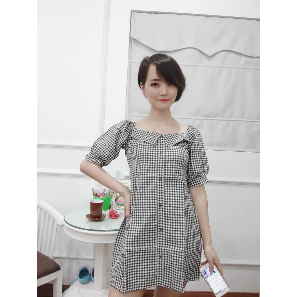 Hình thật- Váy chữ A kẻ