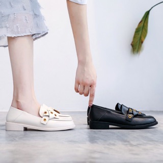 [Sẵn đen 37] Giày Loafer Nữ Mũi Tròn Màu Trắng Đen Trang Trí Nơ