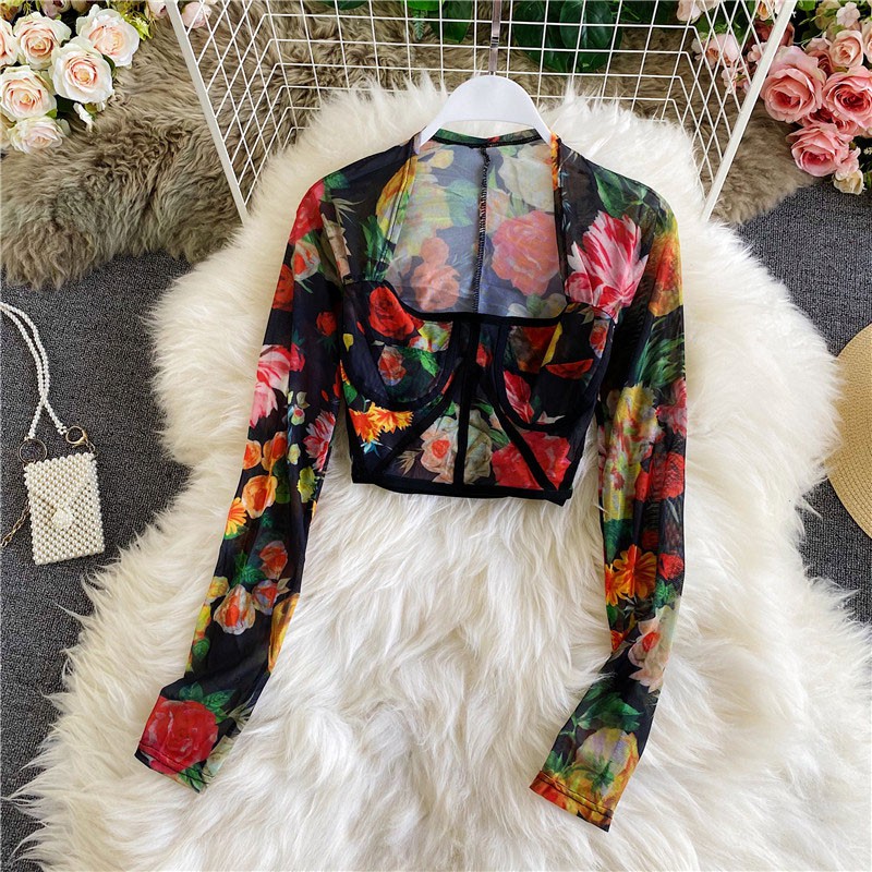 (Sẵn đen ) Áo croptop lưới họa tiết hoa viền đen sang chảnh, hàng thiết kế