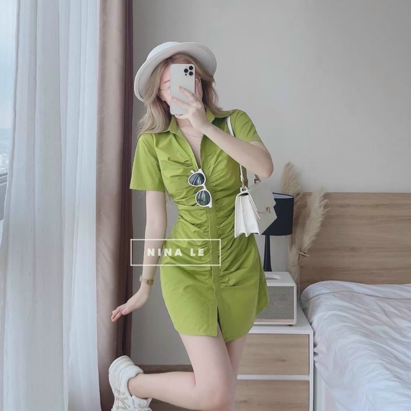 đầm sơ mi nhún eo màu xanh vải đẹp dáng chuẩn kèm hình thật