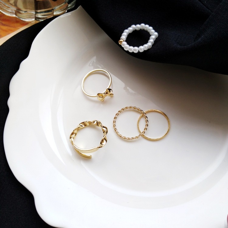 Bộ Bốn Nhẫn Đeo Ngón Tay Đính Ngọc Trai Và Nơ Thời Trang Xuân Hè Cho Nữ