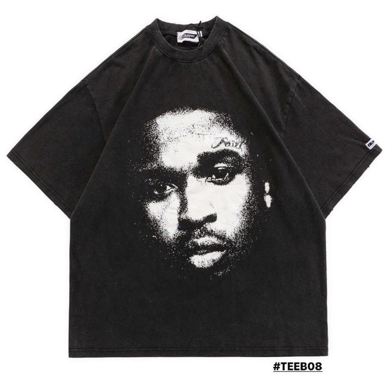 Áo phông denim wash Blackair TravisScott chính hãng hình in nổi xước phong cách Streetwear