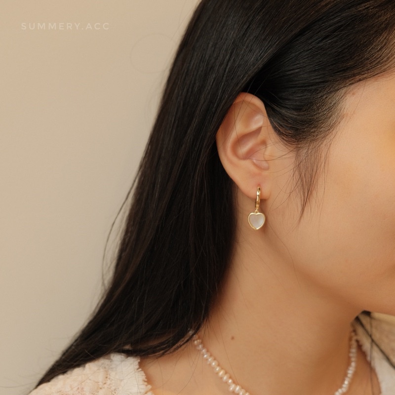 Khuyên tai bạc 925 SUMMERY tròn hoop trái tim nạm xà cừ bông tai S925
