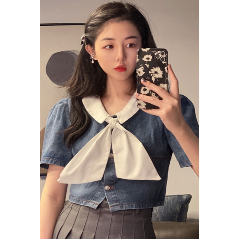 Women's Short Style2021Younger Summer Puff Sleeve Top Doll Collar Korean Style Sense of Design Shirt Denim New