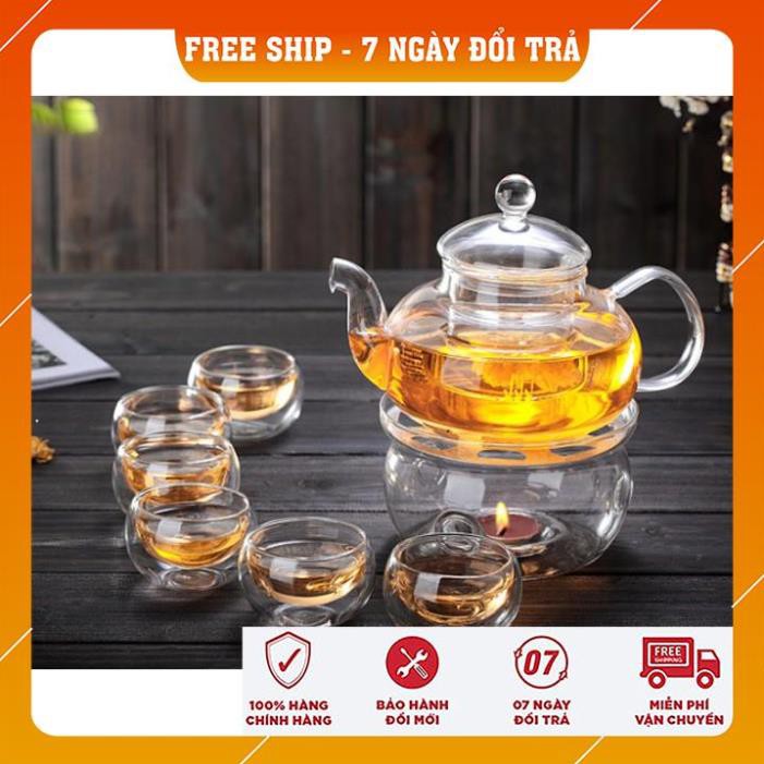 [FREESHIP] Bộ ấm trà thủy tinh 6 chén kèm đế nến châm trà chịu nhiệt dung tích 600ml sử dụng được cả đèn cồn và cốc nến