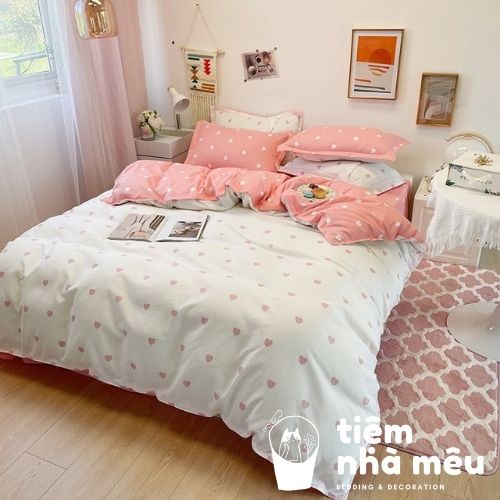 Bộ Chăn Ga Gối Cotton 3D✨m6/m8/2m - Tiệm Nhà Mêu✨Set 4 Món 2 Vỏ gối , drap , vỏ chăn Hồng Chấm Bi Cute