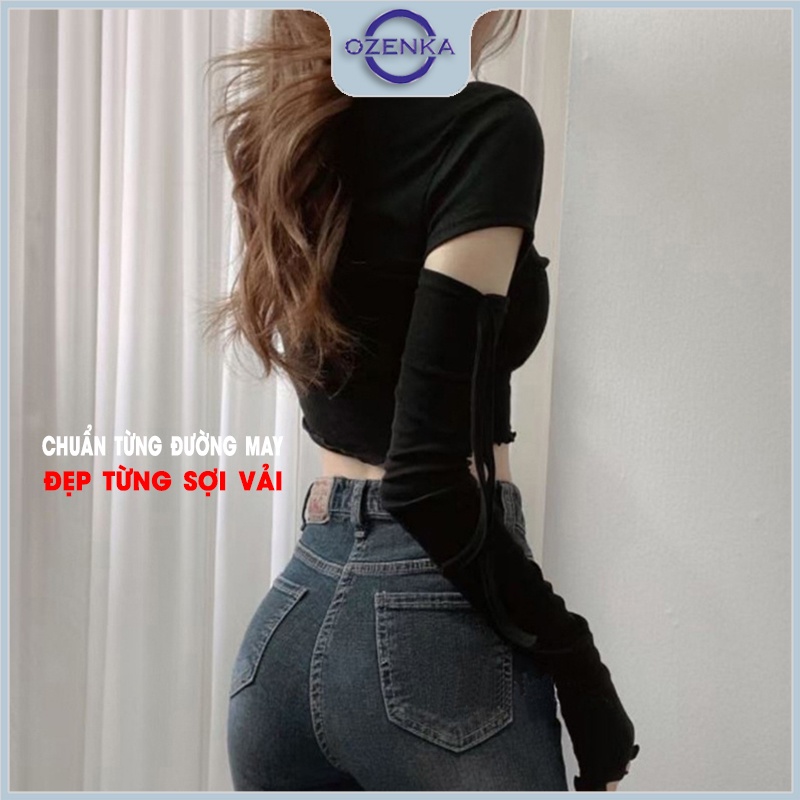 Áo croptop nữ tay dài cổ lọ ôm body Ozenka , áo crt kiểu hở tay thun gân 100% cotton màu đen trắng dưới 55 kg