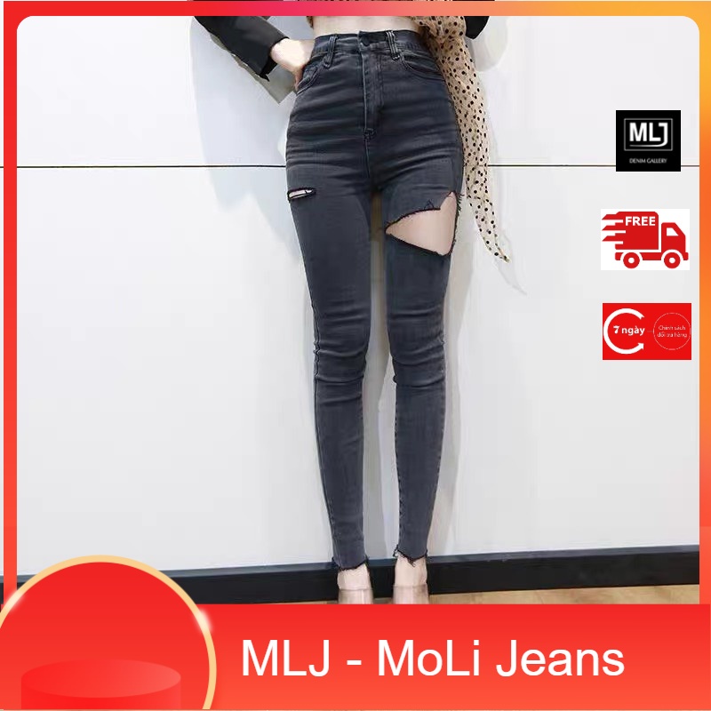 Quần jean dài BIGSIZE rách đùi to, lưng cao, co dãn mạnh màu xám tây