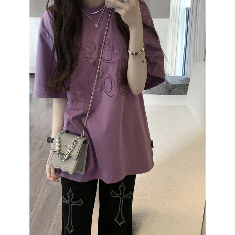 Áo Thun cotton Ngắn Tay Cổ Tròn In Họa Tiết retro Mỹ Cho Nữ