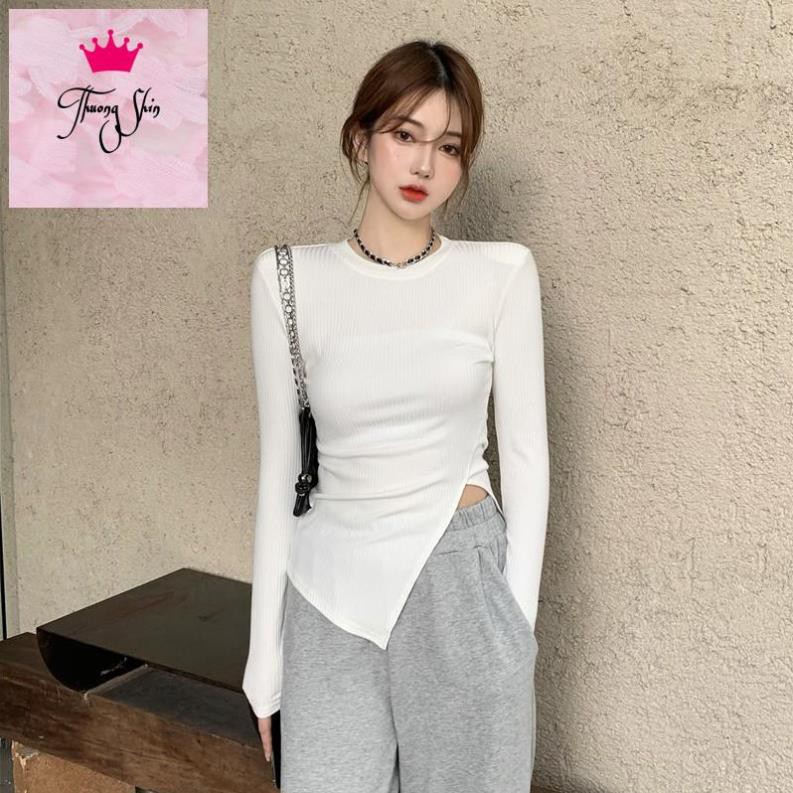 (ORDER) Áo thun tăm dài tay mỏng cổ tròn xẻ tà vạt chéo ôm body thon eo cá tính gợi cảm