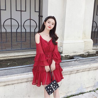 Váy đỏ hở vai điệu đà (ảnh thật ở cuối)