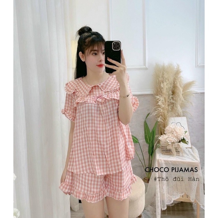 Bộ pijama mặc nhà dáng babydoll hoạ tiết kẻ ô, Đồ ngủ xinh sọc caro vải đũi lụa siêu mát