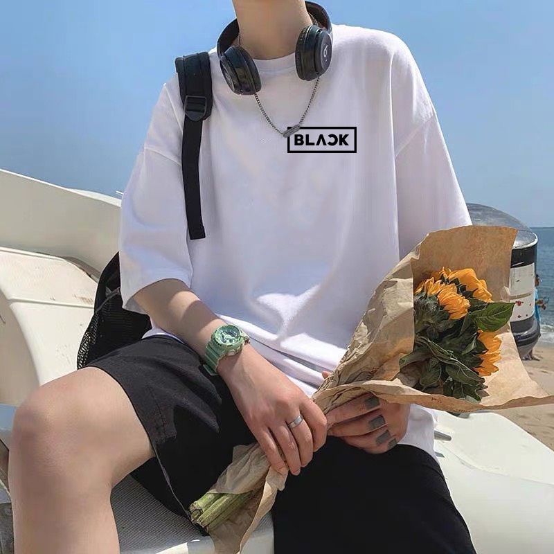 Áo thun nam nữ tay lỡ unisex form rộng Black họa tiết đẹp dày mịn