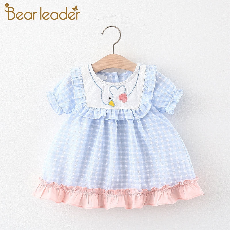 BEAR LEADER Đầm Tay Ngắn Họa Tiết Sọc Caro Màu Trơn Thời Trang Mùa Hè Xinh Xắn Cho Bé Gái