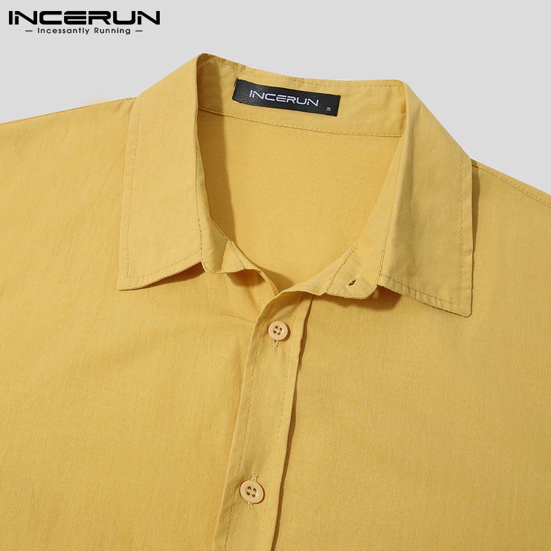 Áo sơ mi INCERUN dáng rộng tay lửng vải cotton màu trơn có khuy gài đơn giản 4 màu tùy chọn cho nam