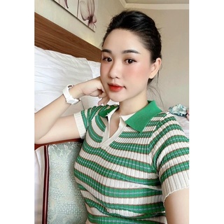 Áo polo len tăm kẻ xanh ảnh chụp thật
