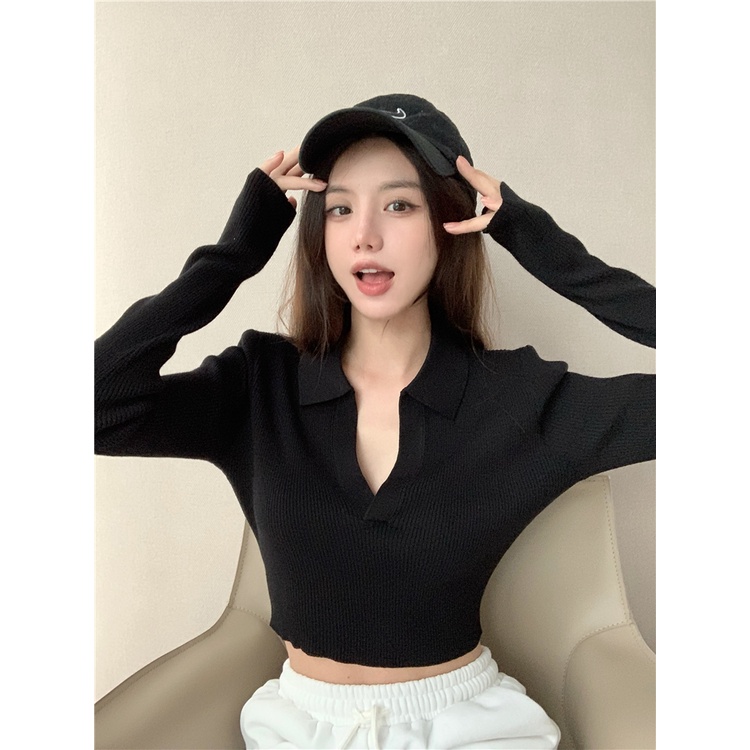 kumikumi HUANG YOYO Áo sweater Dệt Kim Tay Dài Dáng Ngắn Phong Cách Hàn Quốc Thời Trang Mùa Hè 2022 Dành Cho Bạn Nữ