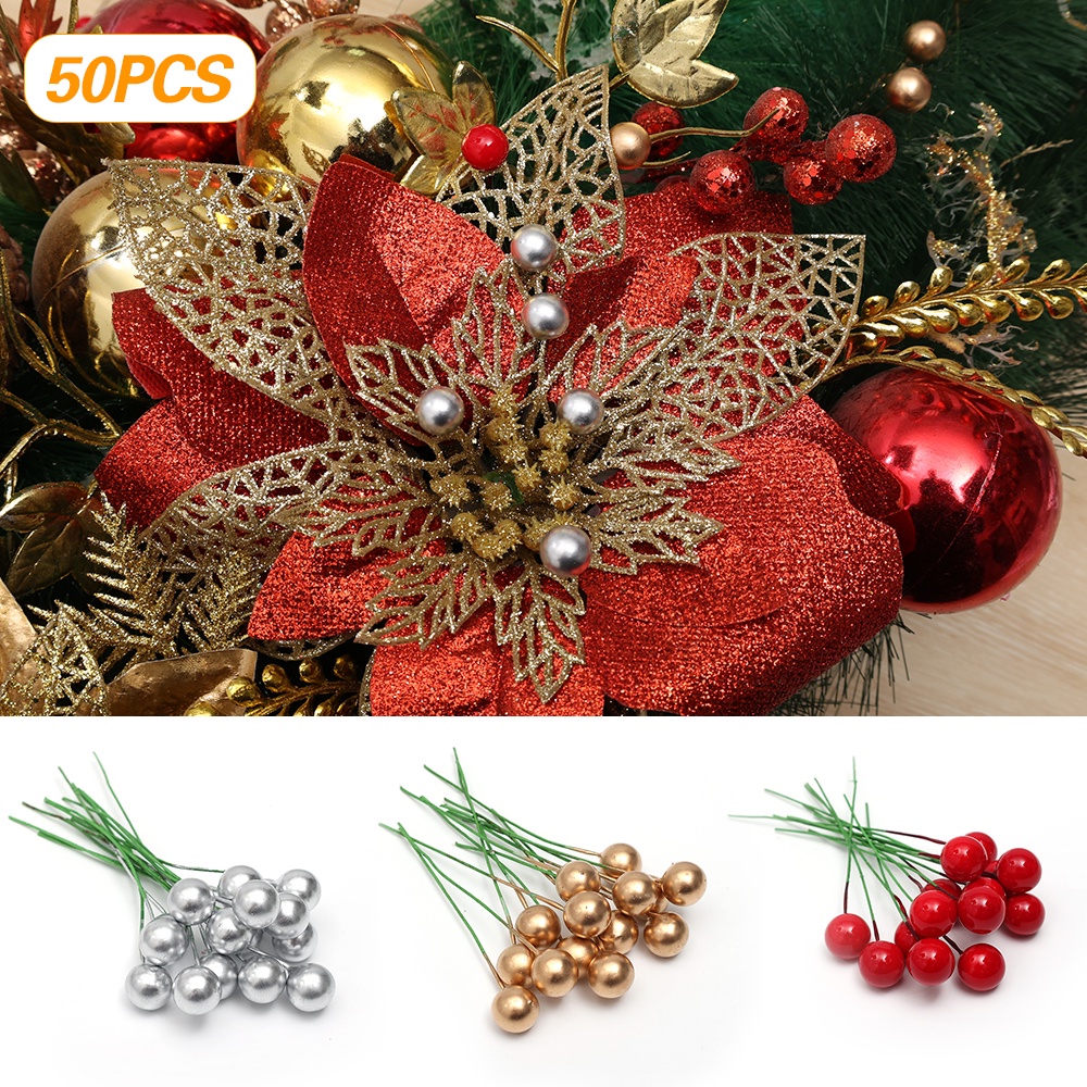 Set 50 Quả Cherry Nhân Tạo Mini Màu Đỏ / Vàng / Bạc Trang Trí Cây Thông Giáng Sinh DIY