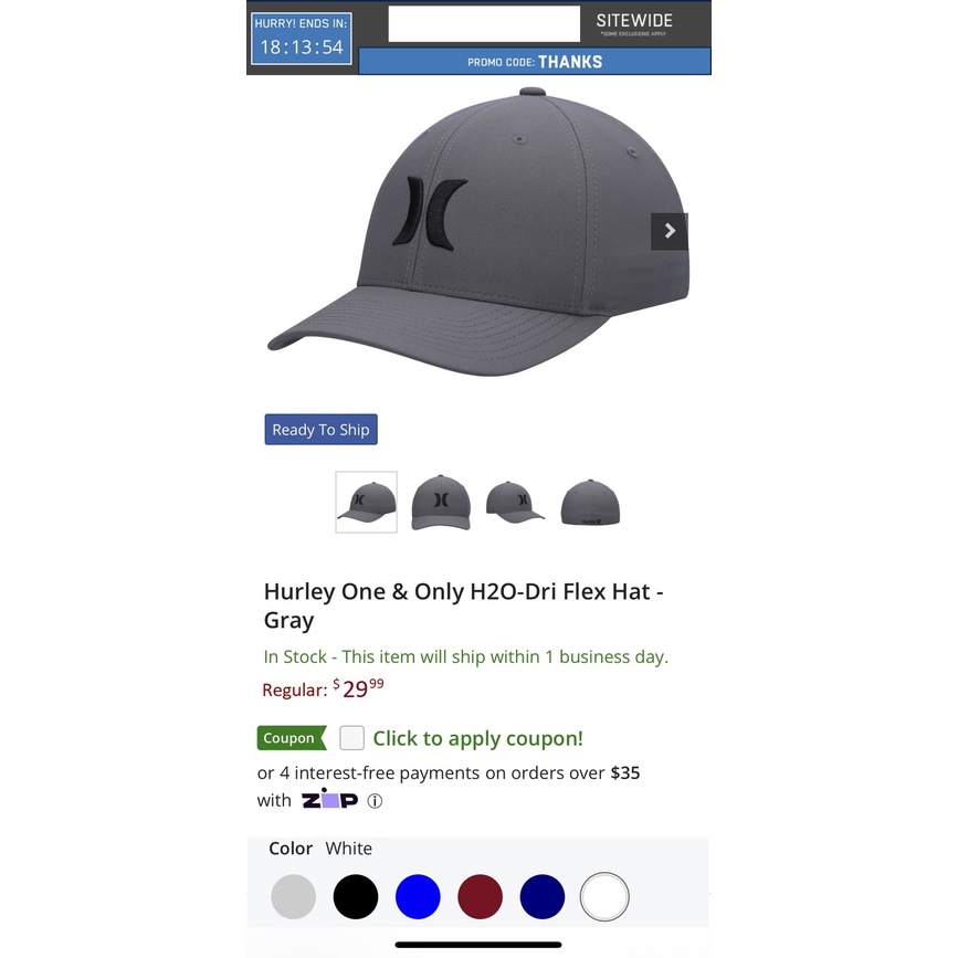 Nón thể thao Hurley logo bít đuôi,Mũ Hurley golf thời trang,Nón màu xám Hurley Cap One & Only H2O-Dri