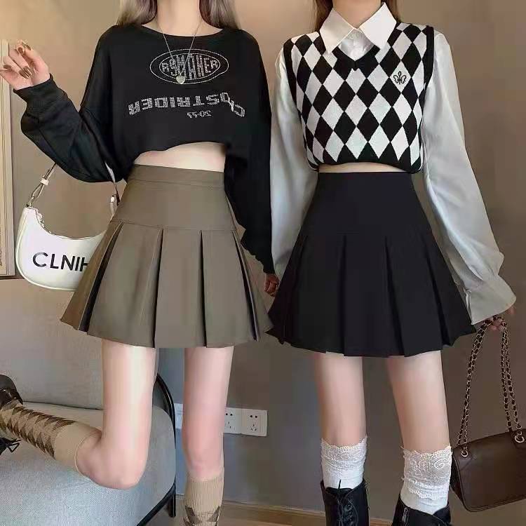 Jiashucheng Hàng Mới Về Mới Chân Váy Chữ a Xếp Ly Lưng Cao Màu Đen Thời Trang Xuân Hè Xinh Xắn Cho Nữ