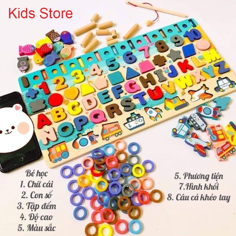 Bộ Đồ Chơi Câu Cá Xếp Hình MONTESSORI 6 IN 1 Bảng Học Chữ Cái, Đếm Số , Ghép Hình Màu Sắc , Phương Tiện Giao Thông