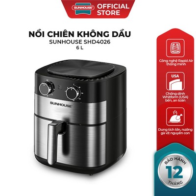 Nồi chiên không dầu 6.0L Sunhouse SHD4026 dung tích 6L | Công suất mạnh 1750W | Núm điều khiển tiện lợi | Tự ngắt