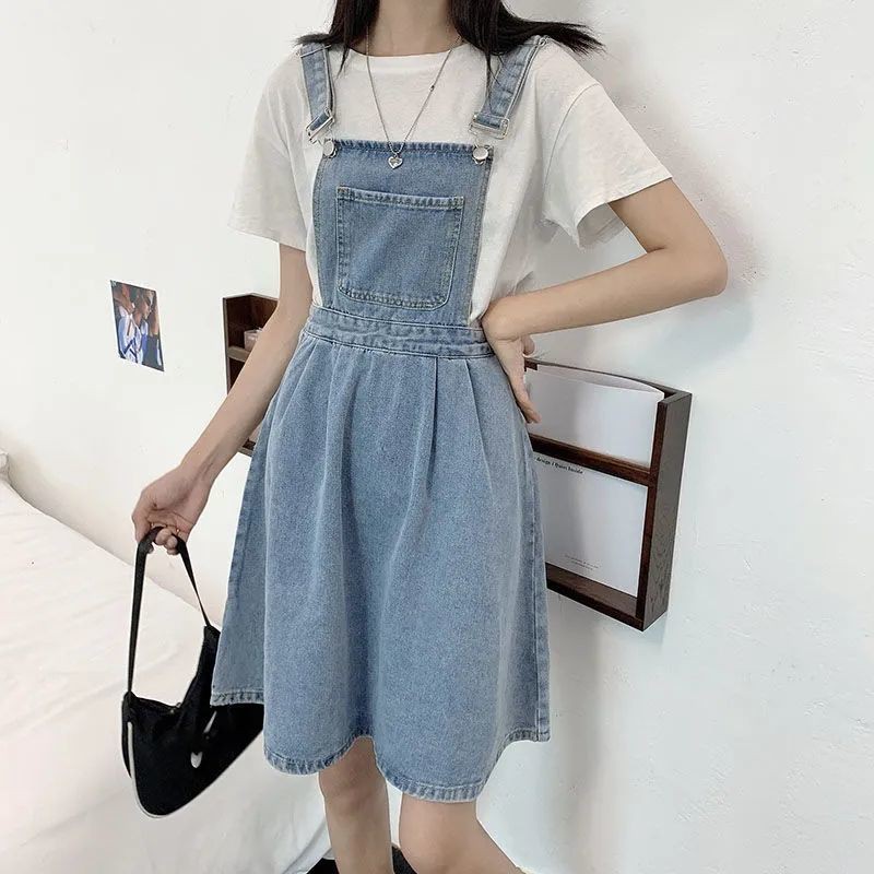 Đầm yếm hai dây vải denim dáng ngắn dễ phối thời trang kiểu phương Tây dành cho nữ 2021