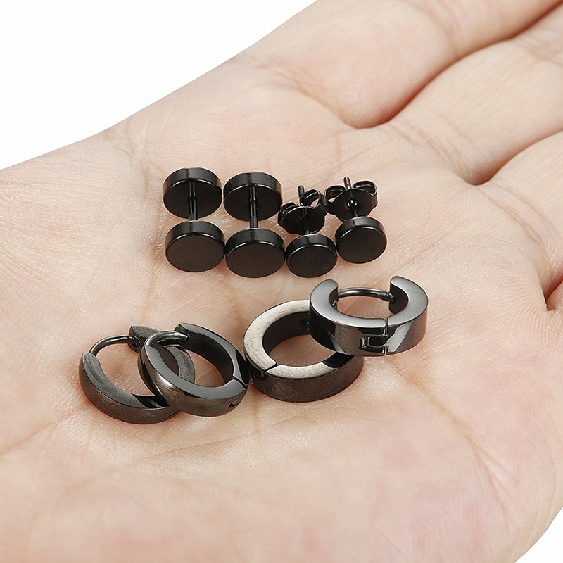 1 Set 4 Khuyên Tai Màu Đen Bằng Thép Không Gỉ Cá Tính