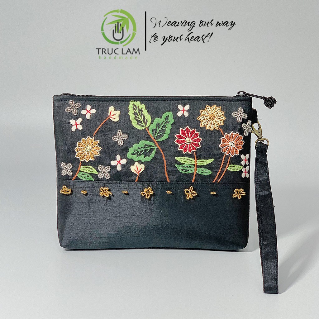 Ví Cầm Tay Đựng Ipad Clutch Vải Tafta Thêu Cành Hoa Hạt Cườm Thủ Công Cỡ Bé - Trúc Lâm Handmade