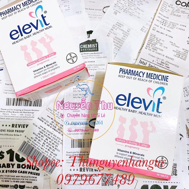 Elevit Bầu Úc, Vitamin Tổng Hợp Elevit - 100v (Đủ Tem Chip Từ Chemist, Bill Ảnh Sau) (Hàng Chính Hãng)