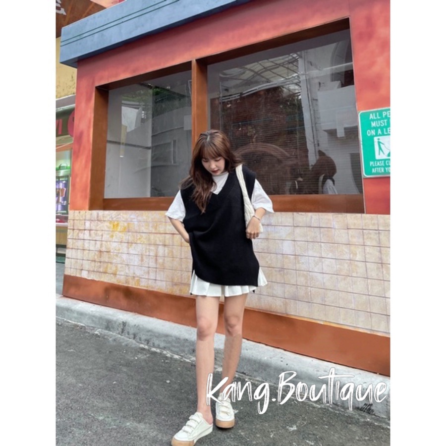 Áo gile len dáng dài rộng trùm mông xẻ tà kiểu trơn cổ tim Hàng Quảng Châu loại 1 Kang Boutique Mã AL005