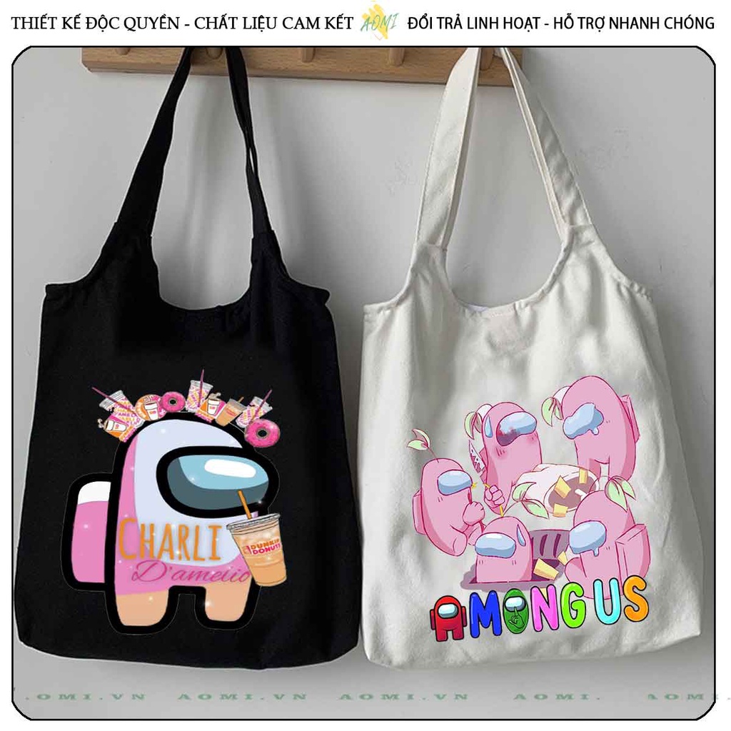 TOTE CANVAS AMONG US GAME FORM TRÒN TÚI VẢI ĐEO VAI BAG NÚT BẤM SIZE LỚN AOMIVN DU LỊCH  MÀU ĐEN TRẮNG