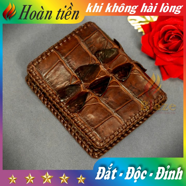 Bóp Da Cá Sấu 2 Mặt Đan Viền Vân Đuôi - Ví Da Cá Sấu Đan Viền Cao Cấp BLAZE | Đứng | Nâu