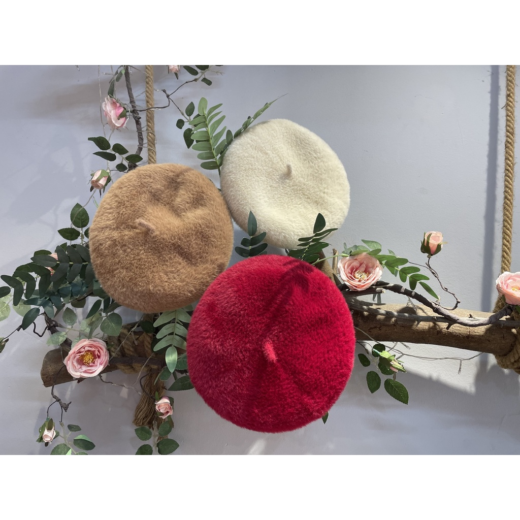 Mũ nồi nữ mầu đỏ kem và nâu, nón beret chất nỉ lông mềm mịn form đẹp