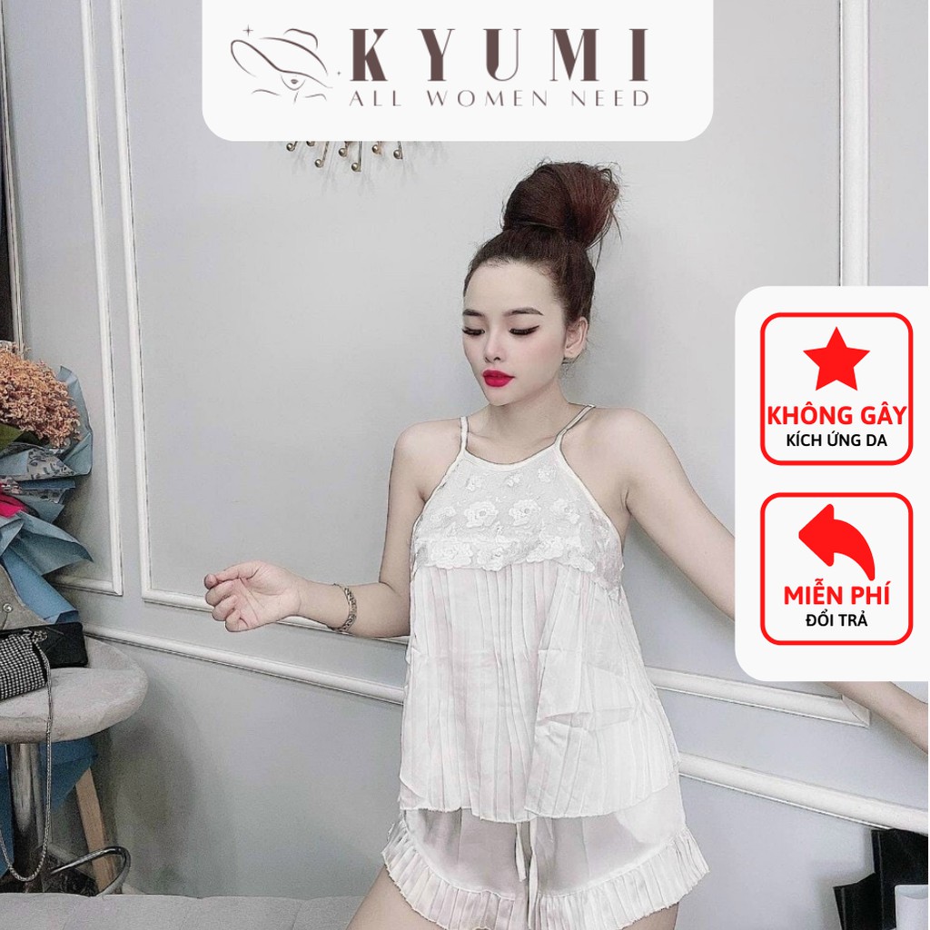 Đồ ngủ sexy yếm 2 dây dập ly phối ren KYUMI OFFICIAL chất liệu lụa satin mềm mịn mát, freesize 40-65kg tùy chiều cao 013 | BigBuy360 - bigbuy360.vn