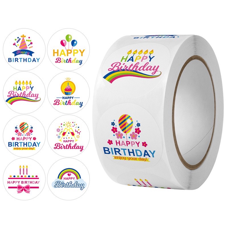 Set 100 tem dán/ nhãn dán Happy Birthday size 2.5 cm