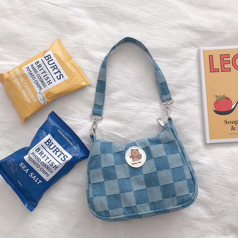 Ielgy Túi Xách Tay Họa Tiết Kẻ Caro Màu Xanh Dương Cho Nữ