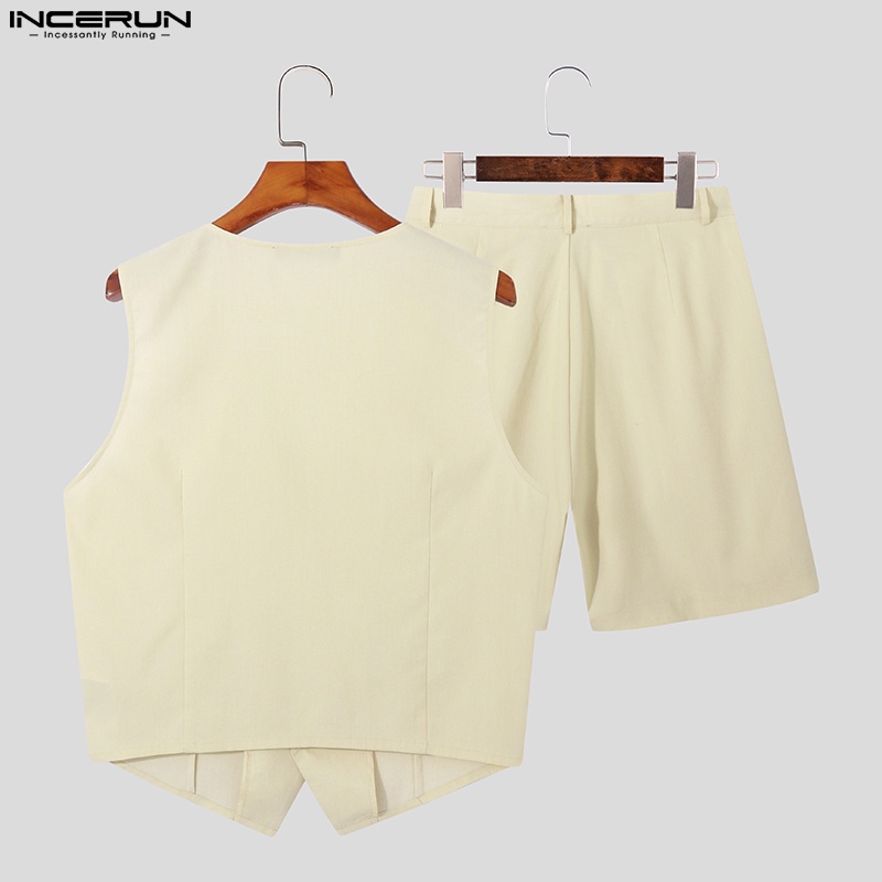 Set đồ INCERUN gồm áo sát nách và quần short đi biển màu trơn thời trang cho nam