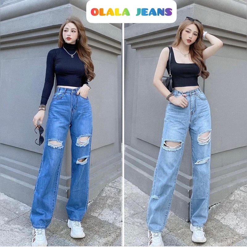 Quần Jeans Nữ Ống Suông Lưng Cao Tôn Dáng Rách Gối Cạp Cao Chất Liệu Mềm Mại Cao cấp ms 2022
