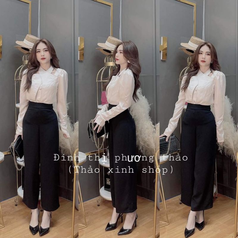 Áo sơ mi lụa nude cổ đắp chéo siêu xinh