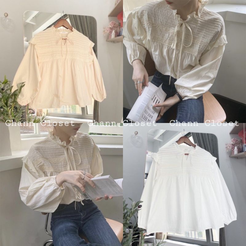 ÁO SƠ MI BABYDOLL TAY PHỒNG DẬP LY THẮT NƠ TIỂU THƯ - CHANN CLOSET