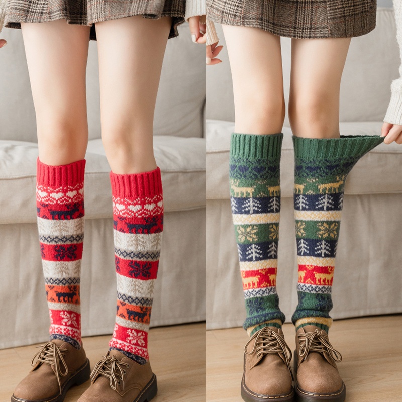 Đôi Tất Chân Len Giữ Ấm Họa Tiết Giáng Sinh Cho Nữ