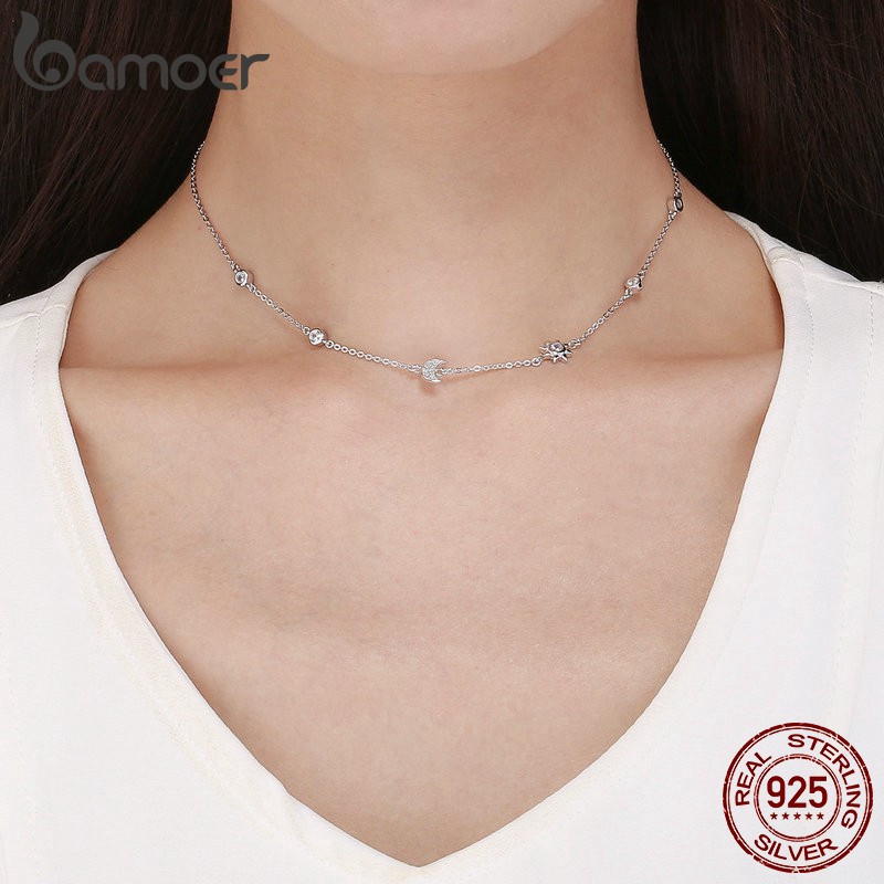 Dây Chuyền Bamoer Mặt Hình Mặt Trăng Ngôi Sao Bằng Bạc 925 Lấp Lánh Cho Nữ SCN272