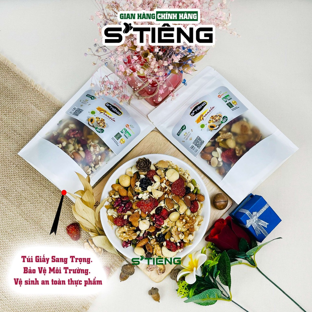 500Gr GRANOLA 13 Loại Siêu Hạt &amp; Quả Sấy STIENG, Hạt Dinh Dưỡng Ngủ Cốc Ăn Kiêng, Dâu Tây, Óc Chó Đỏ, Macca, Hạt Điều