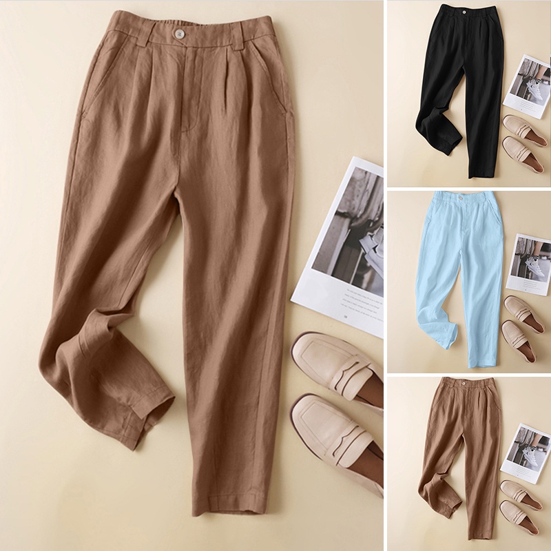 Quần dài ZANZEA lưng thun màu trơn có túi thời trang cho nữ