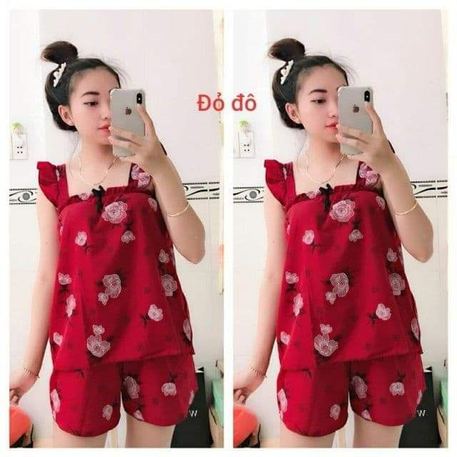 Đồ bộ katê lụa tay cánh tiên mẫu hoa