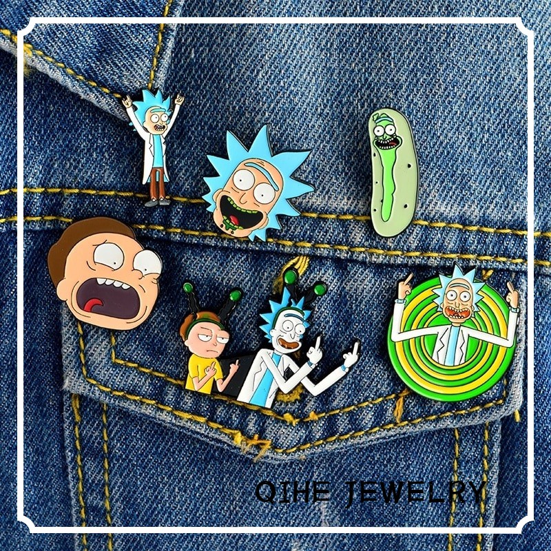 Ghim cài áo QIHE JEWELRY trang trí hình Rick and Morty ngộ nghĩnh bắt mắt
