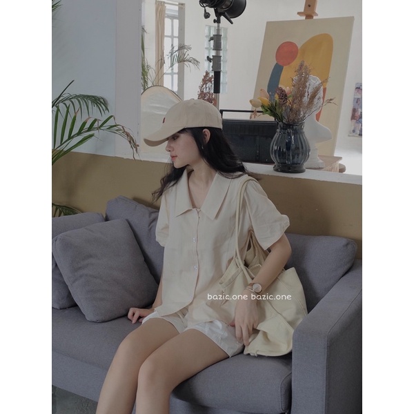 Áo sơ mi thô cộc tay cổ nhọn Bazic one