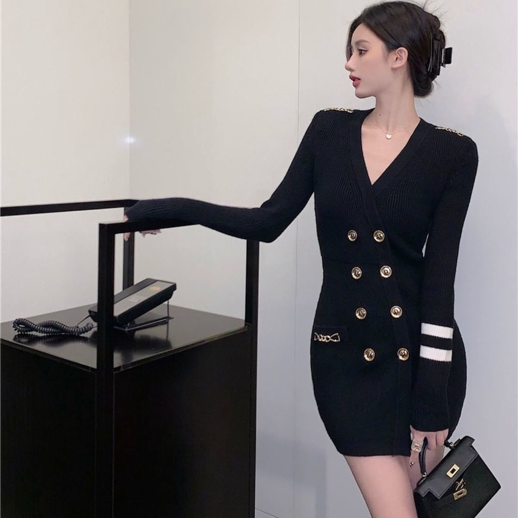 Áo đầm nhấn eo cổ chữ V tay dài thời trang mùa thu 2021