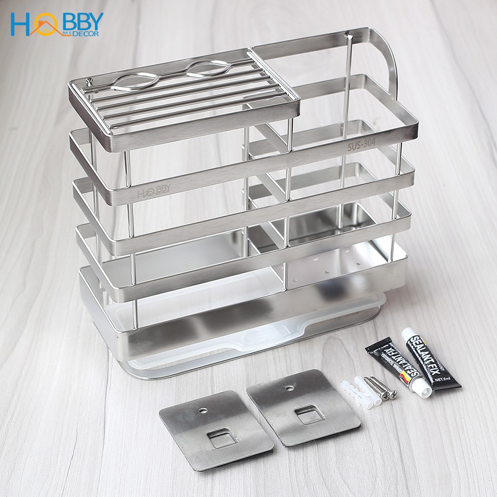 Kệ đựng đũa muỗng Inox 304 HOBBY KDMD dán tường gạch men có khay hứng nước - kèm keo dán và miếng Inox dán | BigBuy360 - bigbuy360.vn